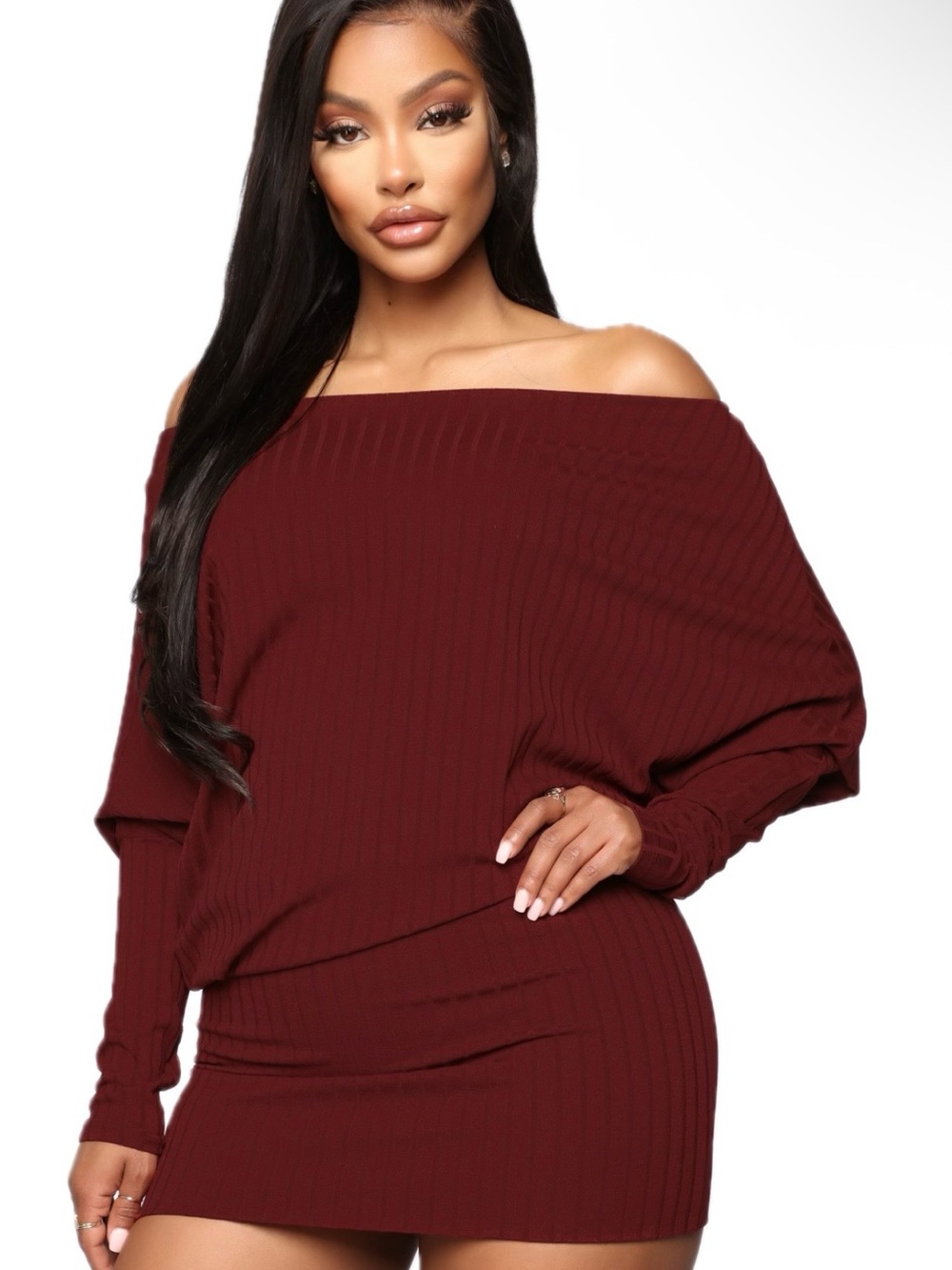 Fashion Nova Off-the-Shoulder Ribbed Sweater Dress - Burgundy